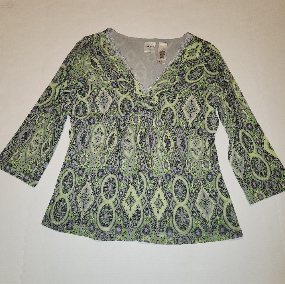 VTG Y2K Green Purple Paisley Babydoll V-Neck Blouse Petite Medium PM EUc